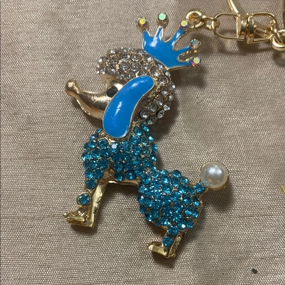 Sparkling Poodle Keychain with Crown - Blue and Gold